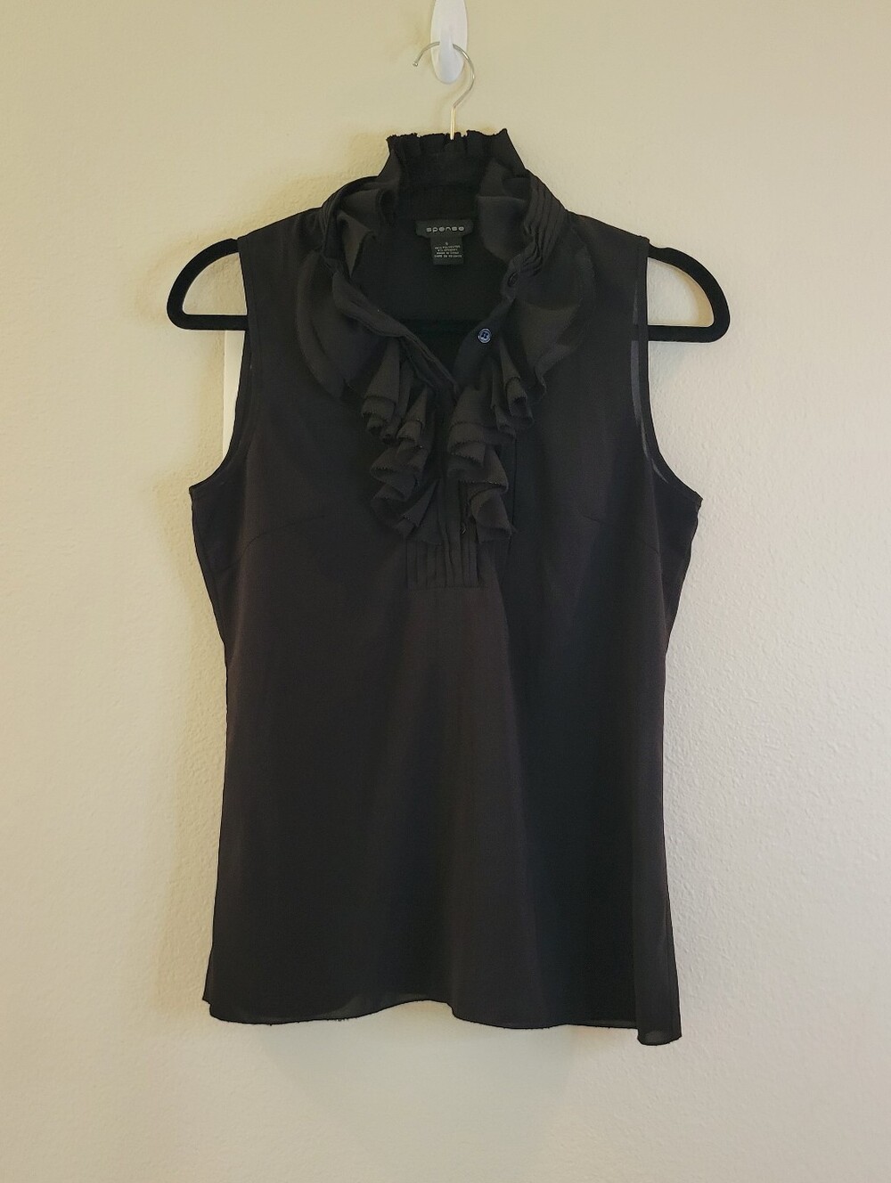 Spense Black Pleated & Ruffle Mock Neck Sleeveless Blouse Ladies Small.